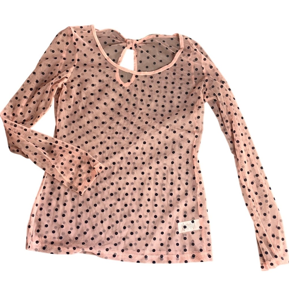 Maurices Pink Polka Dot Sheer Mesh Long‎ Sleeve Bow Medium Y2K Layering Fairy